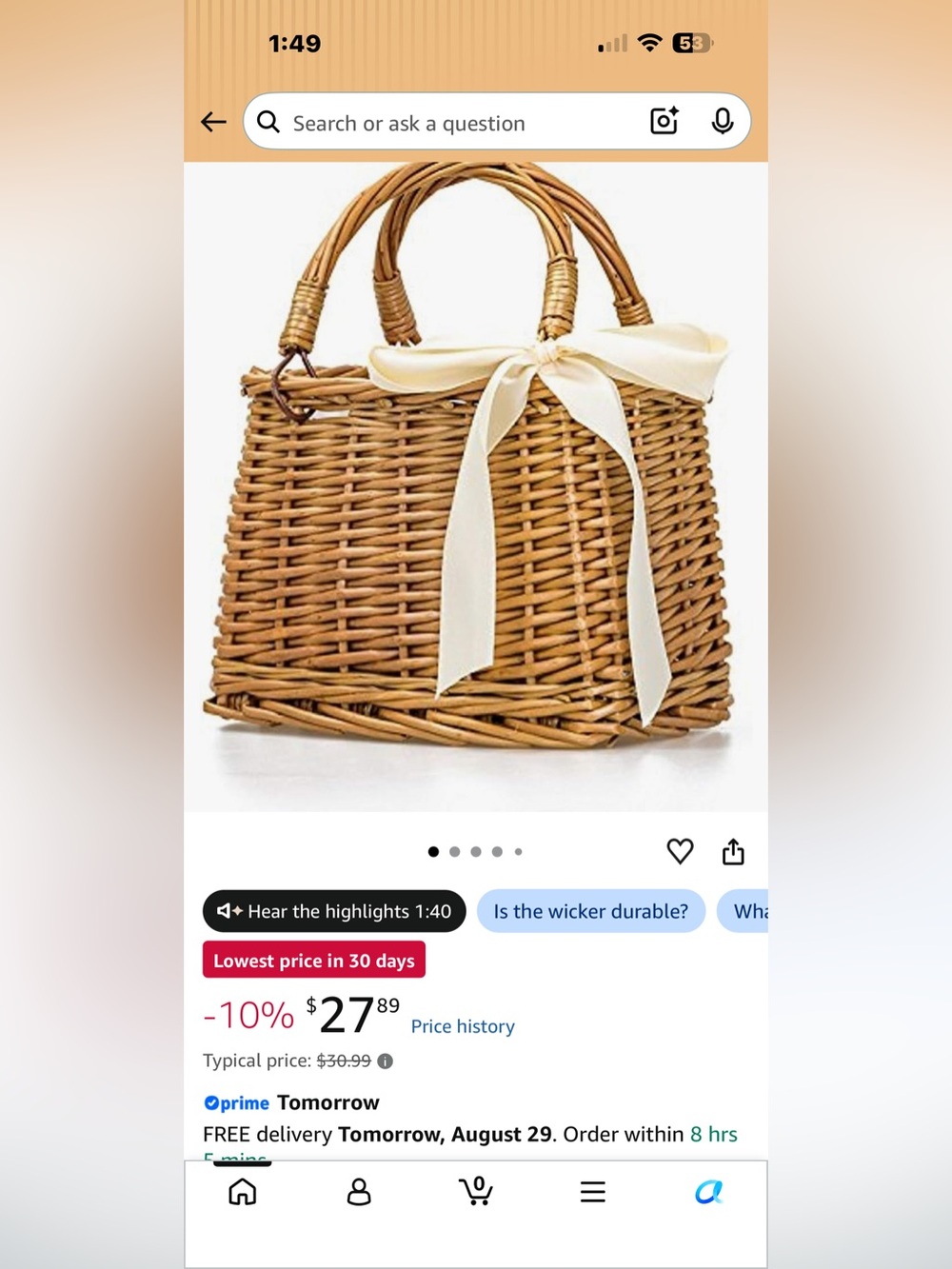 REDUCED from $30.99 Woven Rattan Basket Bag in Natural NEW